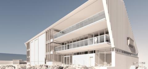 Design image of state-of-the-art sailing training base - a white building with balconies to the front.