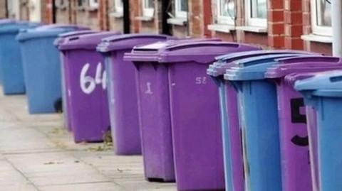 Blue and purple bins outside terraced houses