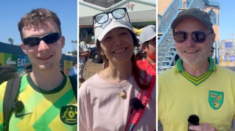 Three people cropped onto an image with white dividing lines between each person. The man on the left has dark sunglasses and is wearing and yellow and gold Australia jersey. The woman in the middle is wearing a pink shirt and a white cap, the man on the right is wearing a yellow and gold shirt and dark sunglasses