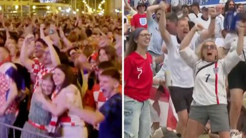 Croatia fans celebrating on the left, and England fans on the right