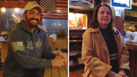 A split image shows a smiling man sitting at a bar on the left wearing a white ball cap and a woman o nthe right wearing a trench coat.