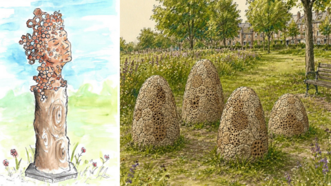 Drawings of the two proposed art installations. One is showing a sculpture of a head and the other is four small hills/mounds made of differently shaped stones.
