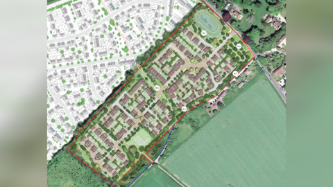 A drawing of how the houses will look, taken from the planning application. It shows large green fields in front to the south of the site and houses immediately north of it.