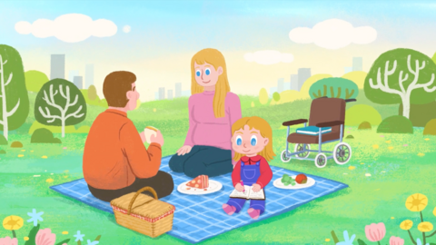 Illustration of a mother, father and young child sit on a blanket outside eating a picnic.