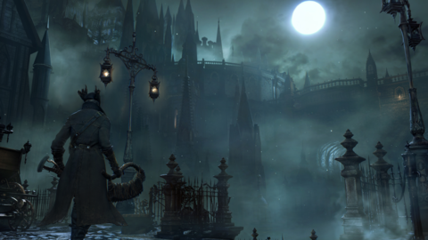 An animated scene shows a character with horns and a long jacket looks out at a dark and starry background with moody lighting, a castle and turrets. The scene is lit up by moonlight and has a green hue.