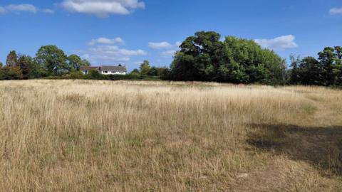 A field of scrubland with a building visible in the distance surrounded by mature trees. 