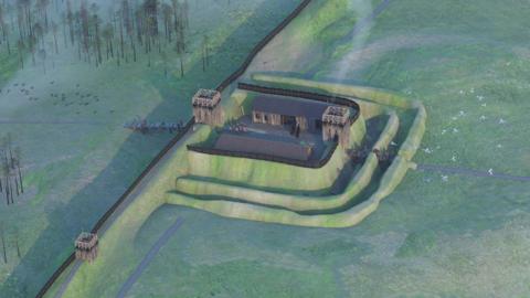 The illustration shows a square shaped lay-out and structures. There are three defensive turf walls around the fortlet. The fortification is on the Antonine Wall. There are fields and woodland nearby.