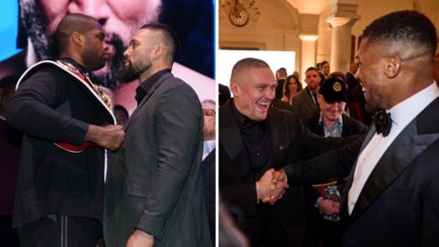 Split image of Daniel Dubois and Joseph Parker facing off beside Oleksandr Usyk laughing as he shakes Anthony Joshua's hand