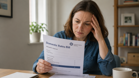 A woman looks fretfully at a letter titled 'Domestic Rates Bill'. She has medium length brown hair and is sat at a desk.