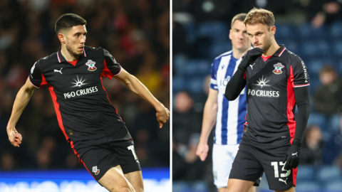 Side-by-side images of Leo Scienza and Ross Stewart playing for Southampton in Southampton's black and red third kit