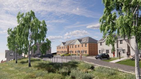 An artists impression of the 16 new homes set to be built in Ilfracombe in Devon. There is a variety of different buildings alongside green spaces and trees.