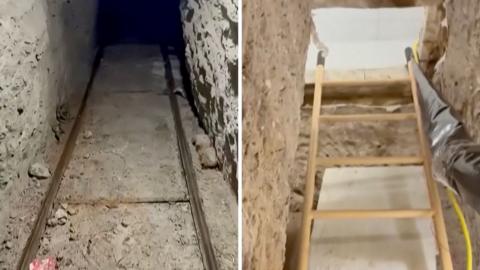 Split screen. Both sides show drug-smuggling tunnel.