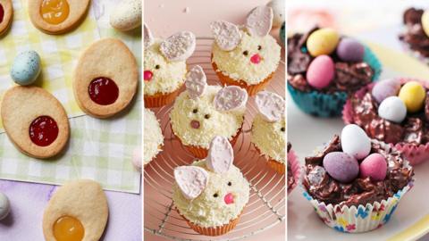 Jammy Easter egg biscuits, Easter bunny lemon cupcakes, Chocolate Easter egg nest cakes
