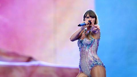 Taylor Swift performs on stage during the "Taylor Swift, The Eras Tour" at Wembley Stadium.