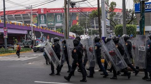 Mexico City police stood guard around the Azteca stadium in the days leading up to the opening match