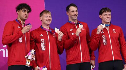 Wales medal winners Tyler Melbourne-Smith, Kieran Bird, Dan Jones and Matt Richards show off their medal