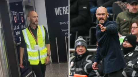 Luke Williams as a Bristol Airport employee and Swansea City head coach