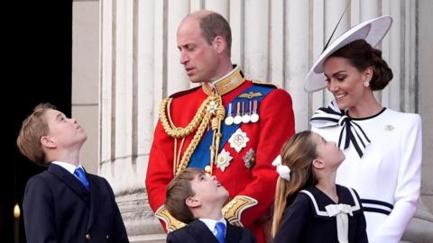 The Prince and Princess of Wales with their children, Prince George, Prince Louis, and Princess Charlotte, on the balcony of Buckingham Palace