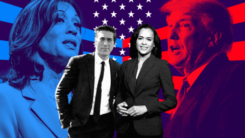 ý graphic depicts David Muir and Linsey Davis superimposed atop the faces of Kamala Harris and Donald Trump