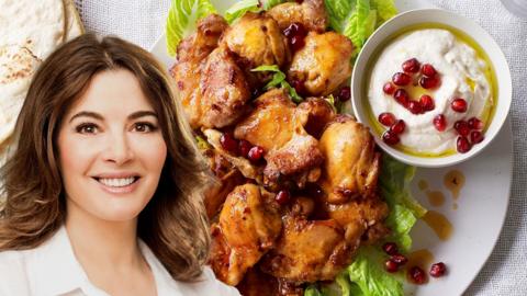 Nigella Lawson overlay on a plate of chicken shawarma.