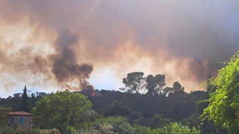 A hilly landscape of green trees and bushes. An area of it is in fire, with orange flames and black grey smoke. The air is filled with dark thick smoke