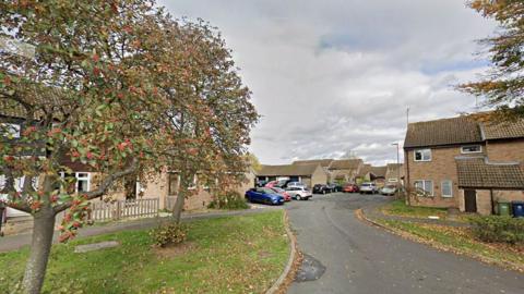 Edinburgh Drive in St Ives, showing a couple of trees with berries on the left hand verge, a roadway through the middle with cars parked outside garages, and a house on the right. 