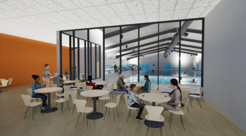 A computer generated artist's impression of a cafe. It has people sitting at small round tables. A swimming pool is the other side of a large glass floor-to-ceiling windows.