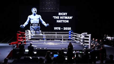 An image of The Hitman, roaring in the ring after a win, was projected in the dark above the boxing ring at the wold championships