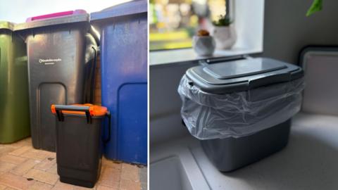 Composite shot of two images. The first shows a row of bins with a smaller orange-topped food waste bin in front. The second shows a smaller indoor bin