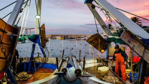Fishermen sorting the catch from the trawl fishery