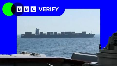 A composite image showing the BBC Verify logo and an image of the Touska on the horizon.
