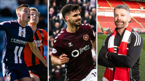 Dundee's Ryan Astley and Dundee United's Julius Eskesen in action; Claudio Braga celebrates scoring for Hearts; Stephen Robinson poses for photographs at Pittodrie