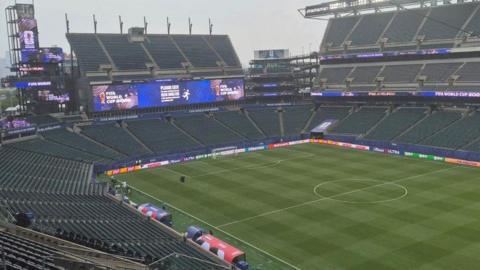 Rain falls on the Philadelphia Stadium before the World Cup game between France and Iraq