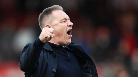 Scott Lindsey celebrates Crawley's win over Bristol Rovers