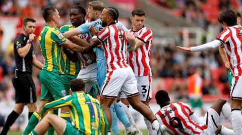 West Bromwich Albion and Stoke City players square up during their Championship clash