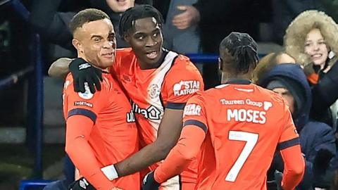 Luton Town Forward Elijah Adebayo makes it 1-0 during the Championship match against Swansea City