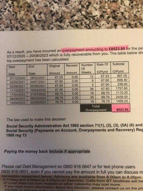 A letter from the Department for Work and Pensions detailing how much Mr Munson must pay back