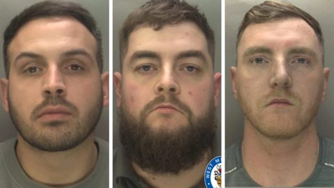 Three men in a composite of police mugshots. The man on the left has short dark hair and dark stubble. The man in the middle has short brown hair and a bushy dark beard. The man on the right has short lighter brown hair and light stubble.