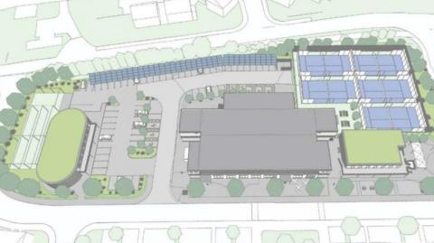 Digital plans for housing, leisure and sports facilities on the site of the Swindon Abbey Stadium Speedway track. 