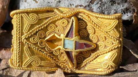 A close-up of a front of a flattened Anglo-Saxon ring, made of bright shining gold. Its has a raised bird in flight in the middle with a square blue gem stone, red gem stones in its wings and tail and a missing stone for its head. It is covered in fine scroll work also in gold. It is resting on bark.