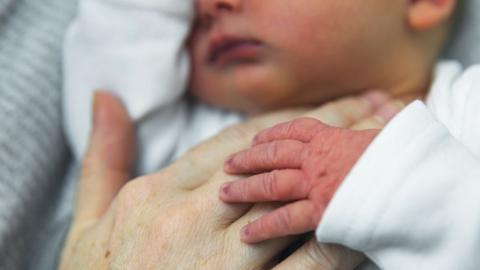 Close up image of a newborn baby holding a mother's hand 