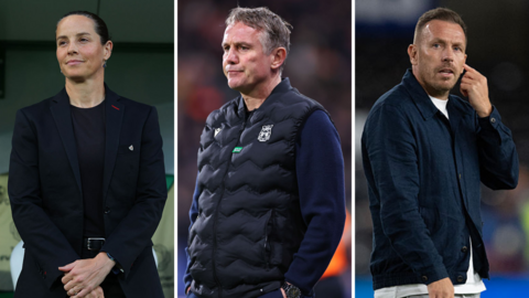 Rhian Wilkinson, Phil Parkinson a Craig Bellamy yn ystod 2025