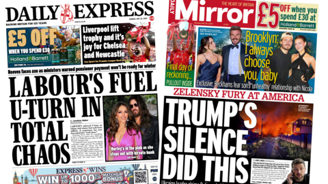The Daily Express and the Daily Mirror front pages side by side, each slightly rotated. The headline on the Express reads 'Labour's fuel U-turn in total chaos' and the Mirro reads 'Trumo's silence did this'