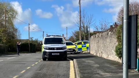 A police van and two police cars parked on a residential road. There are houses, trees, and a garden wall visible. It is a sunny day with blue sky and very light clouds. 