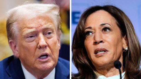A composite image of President Donald Trump in a blue suit alongside Kamala Harris at a microphone