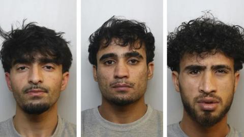 Mugshots of Awal Ahmadzai, Salman Habibkheil and Mehrab Safi. All the men are of Afghan nationality, with short, dark hair, dark eyes and facial hair.