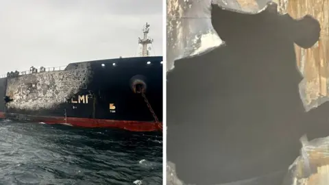 A composite image of the damaged tanker on the left and a close up of a hole in the hull on the right