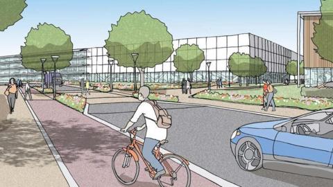 Artist's impression of Northern Gateway showing a cyclist, car driver and workers walking on a tree-lined route outside a vast rectangular four-storey glass building