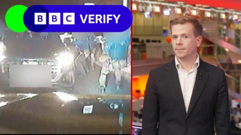 Split screen picture shows an image of police and the car from bodycam footage on the left and Nick Eardley on the right