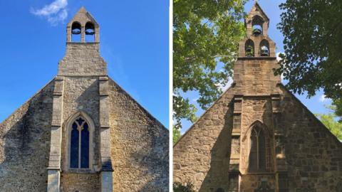 A composite image of two churches side-by-side. On the left is an old stone building with a stained glass window and a double bell tower. On the right is the American copy which looks very similar but has a triple bell tower.